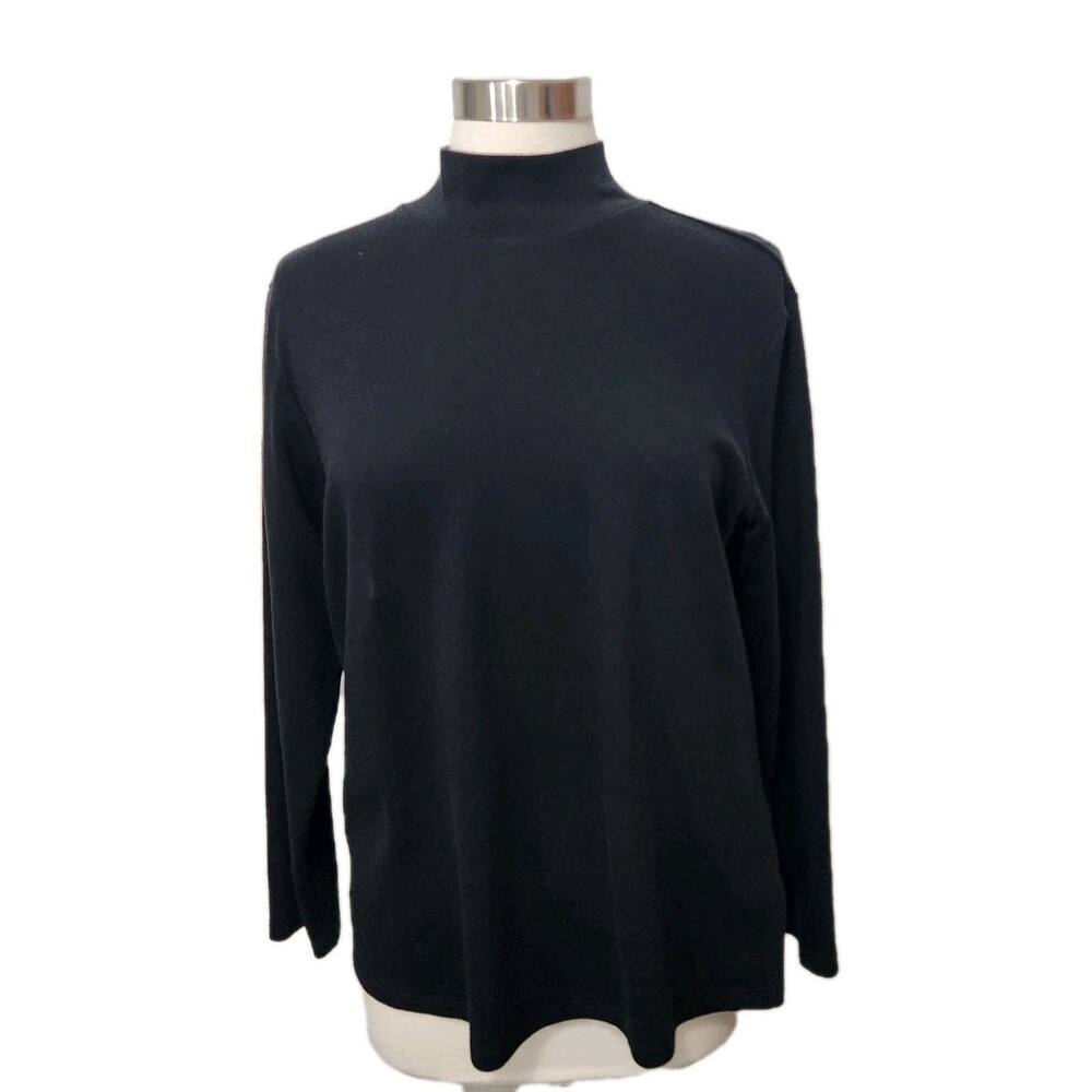 LL Bean Women Plus Size 1X Supima Cotton Top Black Long Sleeve MockNeck Casual